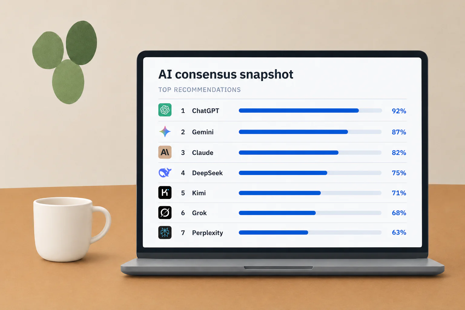 Laptop displaying an illustrative AI consensus ranking alongside a coffee mug and plant